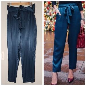 NWT Anthropologie Ett:twa Teal Blue Satin Highrise Pants Belt Sash Size 10